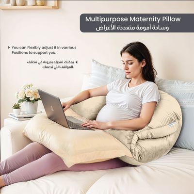 Velvet Pregnancy Pillow U-Shape Full Body Pillow 70x140cm  With Removable Cover, Ivory 