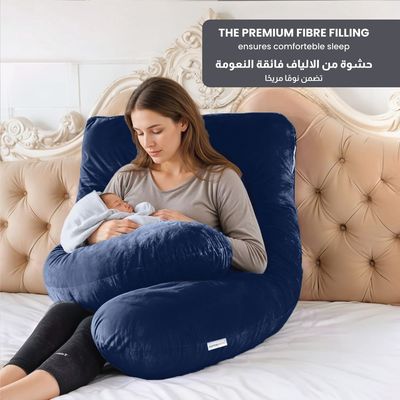 Velvet Pregnancy Pillow U-Shape Full Body Pillow 70x140cm  With Removable Cover, Navy Blue