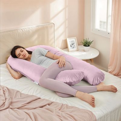 Velvet Pregnancy Pillow U-Shape Full Body Pillow 70x140cm  With Removable Cover, Pink