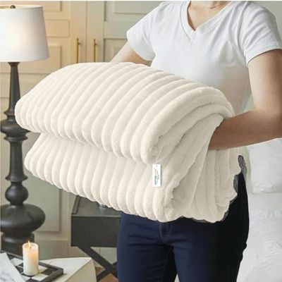 Plush Stripe Blanket Queen Size 220x240cm , Ivory 