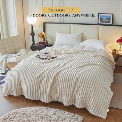 Plush Stripe Blanket Queen Size 220x240cm , Ivory 
