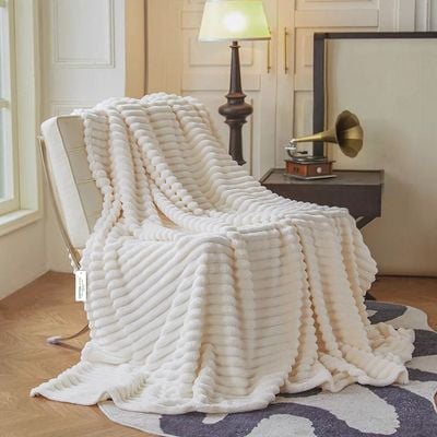 Plush Stripe Blanket Queen Size 220x240cm , Ivory 