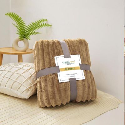 Plush Stripe Fleece  Blanket Queen Size 220x240cm , Caramel