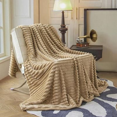 Plush Stripe Fleece  Blanket Queen Size 220x240cm , Caramel