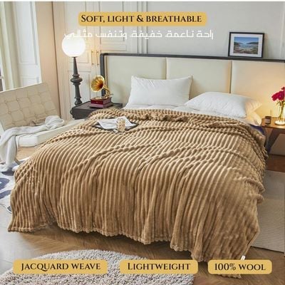 Plush Stripe Fleece  Blanket Queen Size 220x240cm , Caramel