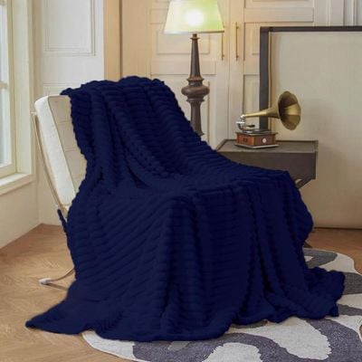 Plush Stripe  Blanket Queen Size 220x240cm ,Royal Blue