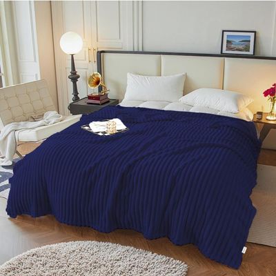 Plush Stripe  Blanket Queen Size 220x240cm ,Royal Blue