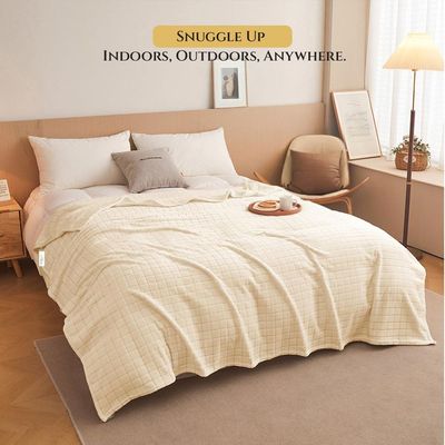 Elegant Square Design Blanket Single Size 150x220cm Cream