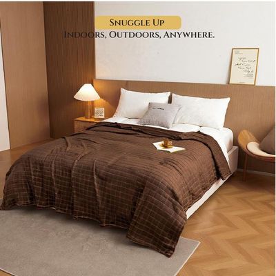 Elegant Square Design Blanket Single Size 150x220cm Brown 