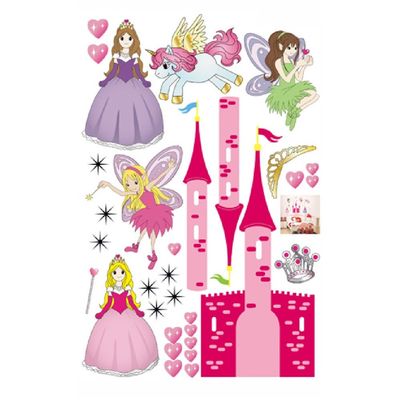 StickieArt Girl's Magical Princess Castle with Fairies & Unicorn Wall Stickers, Home Decoration DIY Removable Decals for Living Room Bedroom, STA-200 