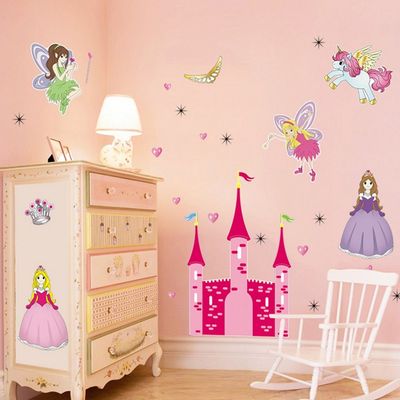 StickieArt Girl's Magical Princess Castle with Fairies & Unicorn Wall Stickers, Home Decoration DIY Removable Decals for Living Room Bedroom, STA-200 