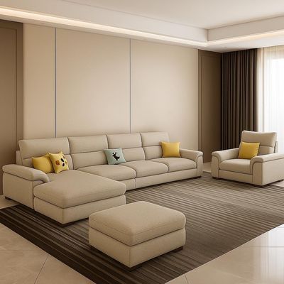 Chester 5 Seater Sofa with Free Ottoman, Solid Wood for Living Room Furniture Modern Corner linen Fabric Upholstered Sofa