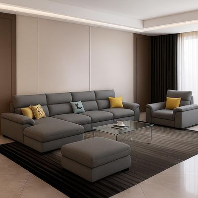 Chester 5 Seater Sofa with Free Ottoman, Solid Wood for Living Room Furniture Modern Corner linen Fabric Upholstered Sofa