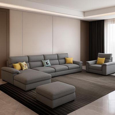 Chester 5 Seater Sofa with Free Ottoman, Solid Wood for Living Room Furniture Modern Corner linen Fabric Upholstered Sofa