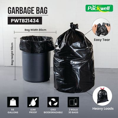 Packwell Trash Bag Garbage Bag Black Strong & Bio-Degradable Heavy Duty Disposable Garbage 30 pcs (15 * 2) 80x110 cm pack of 2 pcs roll