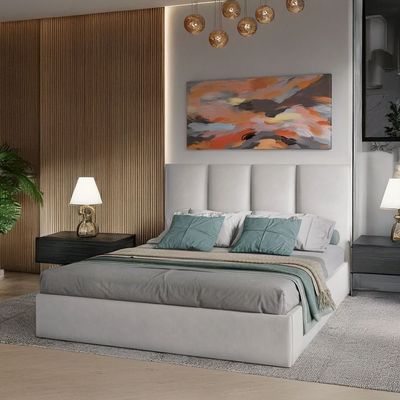 Emma Hydraulic Velvet Luxurious Queen Bed in Light Grey