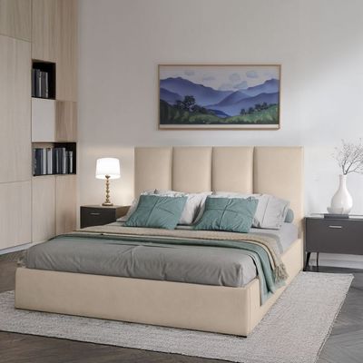 Emma Hydraulic Velvet Luxurious Queen Bed in Light Beige