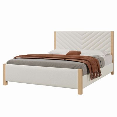 Lupin Modern Mid-Century Platform Bed with Tufted Headboard Queen size in Beige