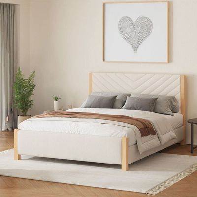 Lupin Modern Mid-Century Platform Bed with Tufted Headboard King size in Beige