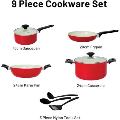 Freswh Choice Carmine 9Pc Pfas Free Pressed Aluminum Cookware Set