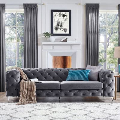 Corvus Tufted Velvet Chesterfield Rolled Arm Sofa | L100xW240xH75 - Grey