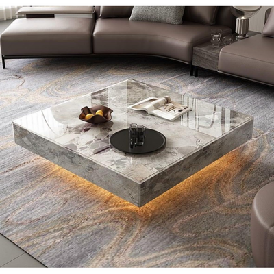 Modern Square Coffee Table with Glass Top and Ambient Light. Marble Pattern, Living room Center Table 100x100x30 cm