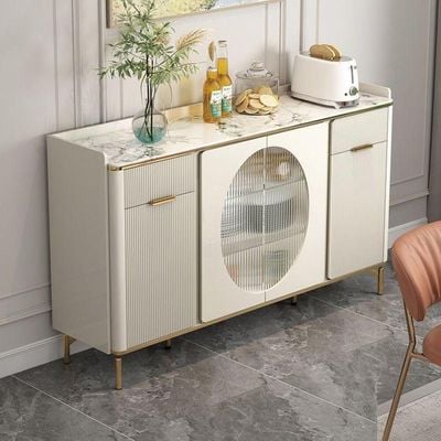 Modern Cream Sideboard Buffet Cabinet with Golden Legs & Glass Doors - Luxury Storage Console for Dining Room, Kitchen, or Living Area - Off White