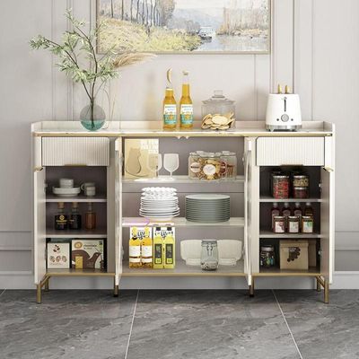 Modern Cream Sideboard Buffet Cabinet with Golden Legs & Glass Doors - Luxury Storage Console for Dining Room, Kitchen, or Living Area - Off White