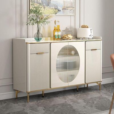Modern Cream Sideboard Buffet Cabinet with Golden Legs & Glass Doors - Luxury Storage Console for Dining Room, Kitchen, or Living Area - Off White