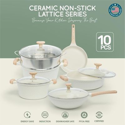 Healthy & Safe Ceramic Nonstick 10-pcs Cookware Set, Non-toxic, Induction Ready Set.