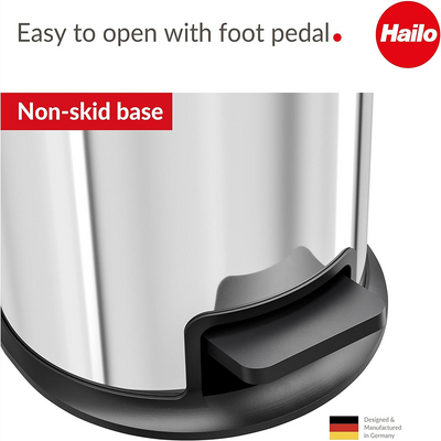 Hailo Pure M Pedal Bin, 12 Liters Kitchen Bin with Lid, Soft-Close Trash Can, Foot Pedal Dustbin for Bathroom, Office, or Bedroom, Compact Waste Bin, Stainless Steel, Made in Germany - HLO-0517-010