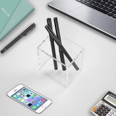 4 Pack Clear Acrylic Pen Pencil Holder Cup, Clear Makeup Brush Holder Acrylic Desk Accessories Square Stationary Organizer for Office School Home