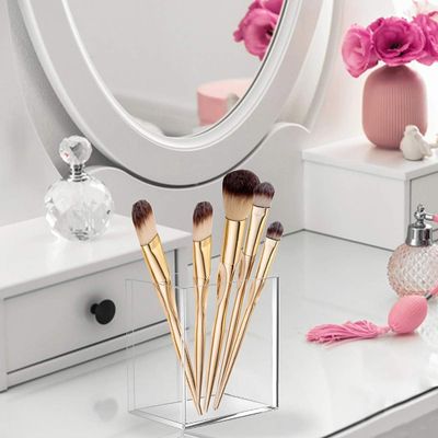 4 Pack Clear Acrylic Pen Pencil Holder Cup, Clear Makeup Brush Holder Acrylic Desk Accessories Square Stationary Organizer for Office School Home