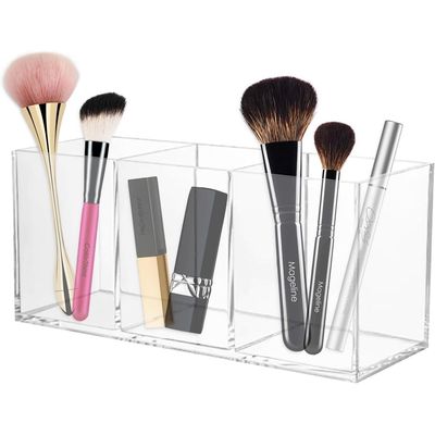Makeup Brush Holder, Acrylic Makeup Organizer with 3 Compartments, Cosmetic Organizer, Cosmetic Container for Brushes, Eyeliner, Lipstick, Makeup (Clear)