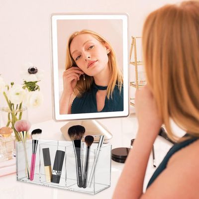 Makeup Brush Holder, Acrylic Makeup Organizer with 3 Compartments, Cosmetic Organizer, Cosmetic Container for Brushes, Eyeliner, Lipstick, Makeup (Clear)
