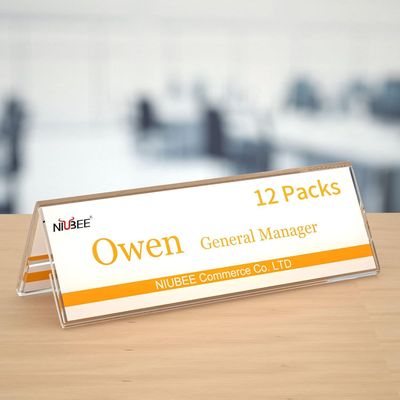12 Pack Acrylic Name Plates for Desk, 8.5"x2.9" Clear Acrylic Sign Holder Name Tent, Double-Sided Paper Display Stand for Office, Home, Store, Classroom