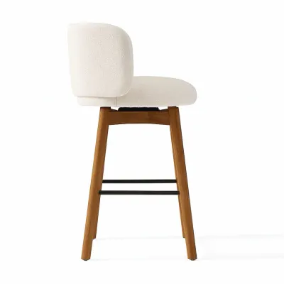 Nobu Wood Swivel Counter Chair W55 x D58 H95 cm - White Fabic, Brown Solid Wood Frame