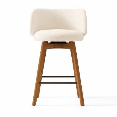 Nobu Wood Swivel Counter Chair W55 x D58 H95 cm - White Fabic, Brown Solid Wood Frame