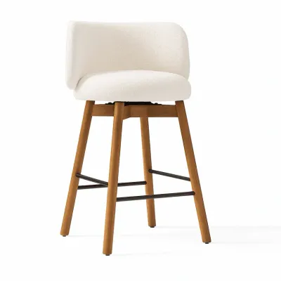 Nobu Wood Swivel Counter Chair W55 x D58 H95 cm - White Fabic, Brown Solid Wood Frame
