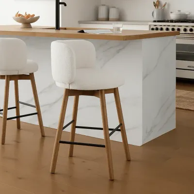 Nobu Wood Swivel Counter Chair W55 x D58 H95 cm - White Fabic, Brown Solid Wood Frame