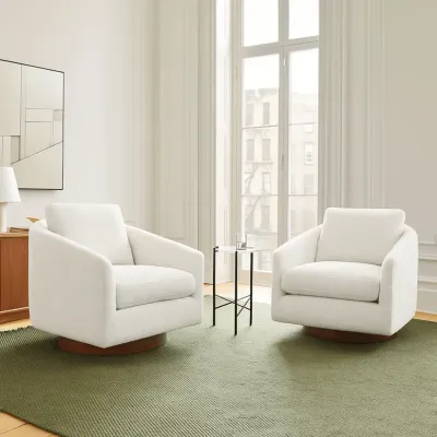 Carlo Swivel Armchair W80 x D90 x H85 cm - White Fabic, Brown Solid Wood Frame