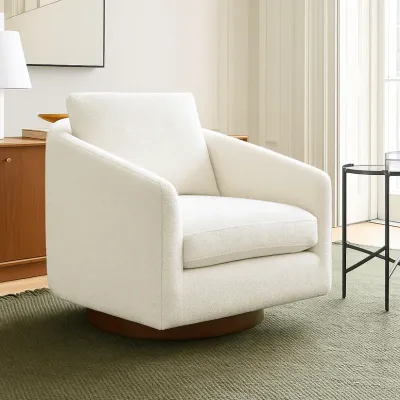 Carlo Swivel Armchair W80 x D90 x H85 cm - White Fabic, Brown Solid Wood Frame