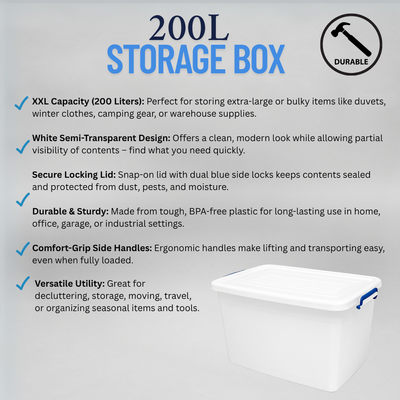 Heavy-Duty Plastic Storage Box with Lid – 200L Extra-Large Organizer for Home, Warehouse & Outdoor Storage