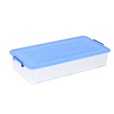 42L Slim Storage Box with Locking Lid – Underbed Organizer in White & Blue for Clothes, Toys & Linens