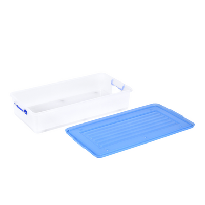 42L Slim Storage Box with Locking Lid – Underbed Organizer in White & Blue for Clothes, Toys & Linens