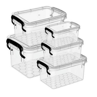 5PCS Clear Plastic Storage Box Set – Multi-Size Stackable Organizers with Locking Lids for Everyday Use