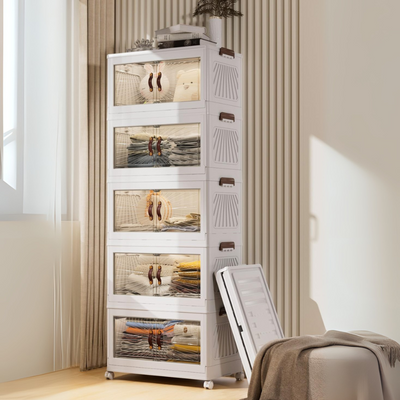 Storage Cabinet with Doors – 5-Layer Rolling Organizer with Clear Front Panels, Foldable Structure & Compact Footprint (White, 5 Layer, 50x30cm)