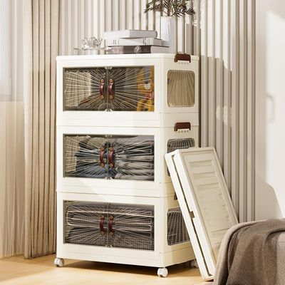 Storage Cabinet with Doors – 3-Layer Foldable Organizer with Wheels, Transparent Panels, and Weather-Resistant Plastic for Home or Office (White, 3 Layer, 60x36cm)
