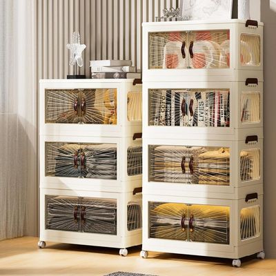 Storage Cabinet with Doors – 4-Tier Rolling Storage Organizer with Clear Panels, Foldable Structure, and Deep Shelves for Kitchen, Laundry, or Office (White, 4 Layer, 60x36cm)