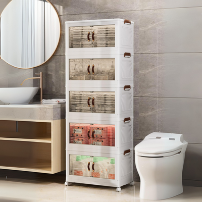 Storage Cabinet with Doors – 5-Layer Foldable Organizer with Deep Drawers, Transparent Doors, and Wheels for High-Capacity Storage (White, 5 Layer, 60x36cm)